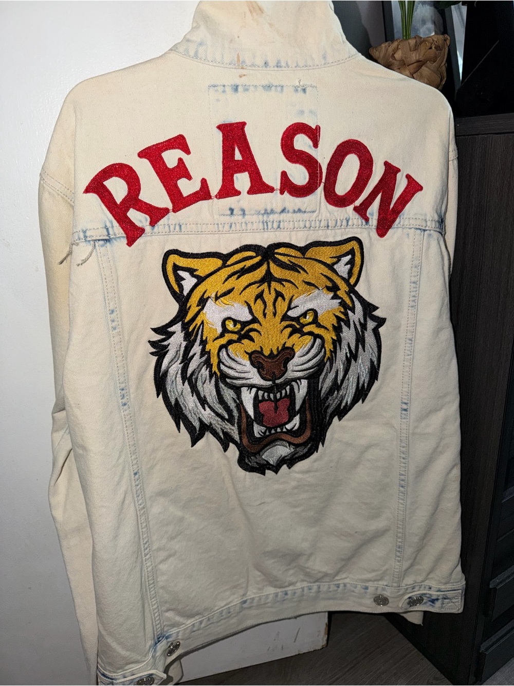 Reason Cream Denim Jacket with Red Logo and Yellow Tiger Patch